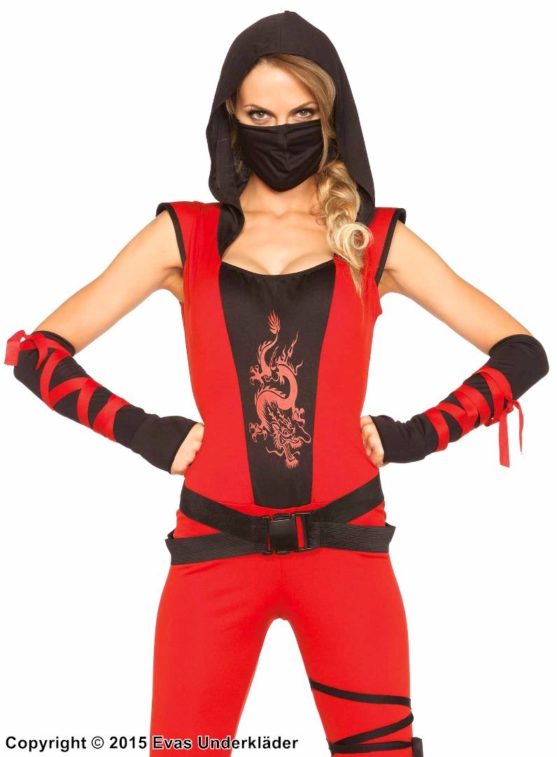 Female ninja (aka kunoichi), costume catsuit, hood, dragon